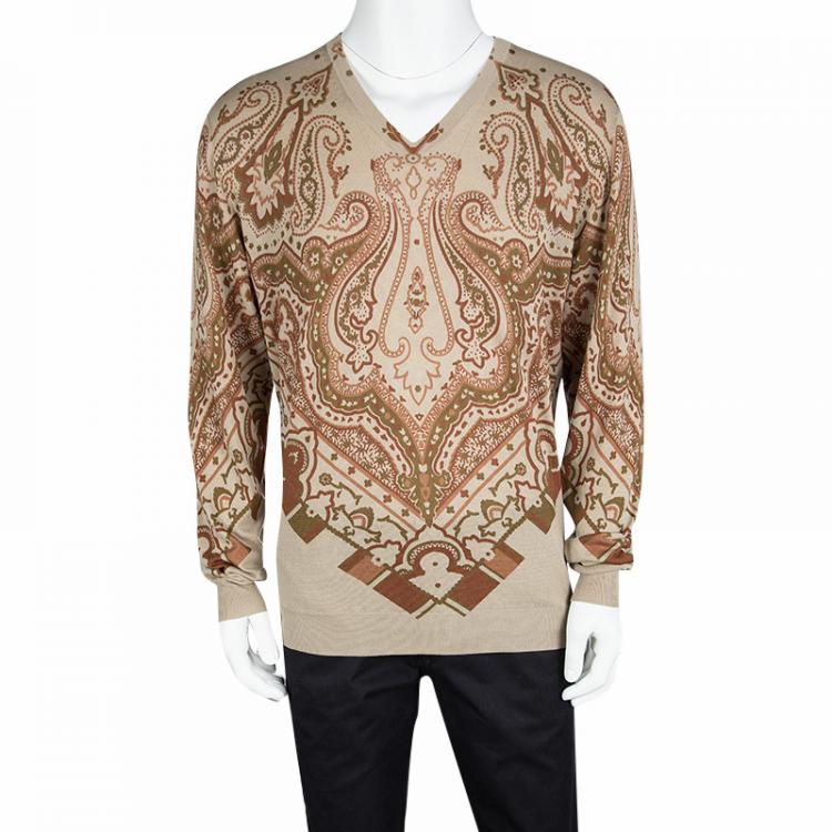 Pre Owned Etro Beige Paisley Print V-Neck Sweater XL