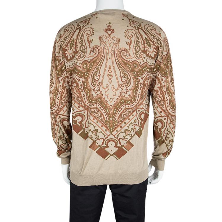 Pre Owned Etro Beige Paisley Print V-Neck Sweater XL
