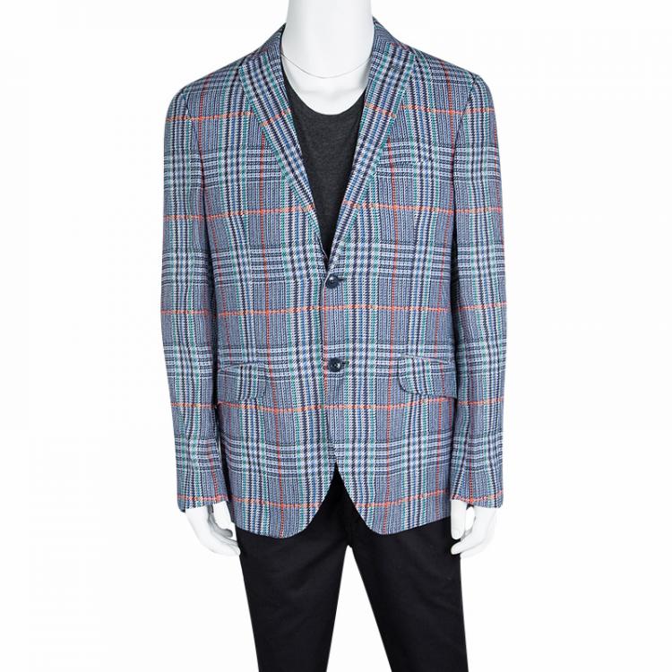 Pre Owned Etro Multicolor Houndstooth Checked Linen Blazer L