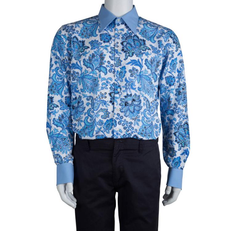 Pre Owned Etro Blue Floral Printed Long Sleeve Button Front Linen Shirt L