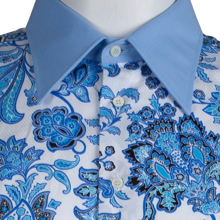 Pre Owned Etro Blue Floral Printed Long Sleeve Button Front Linen Shirt L