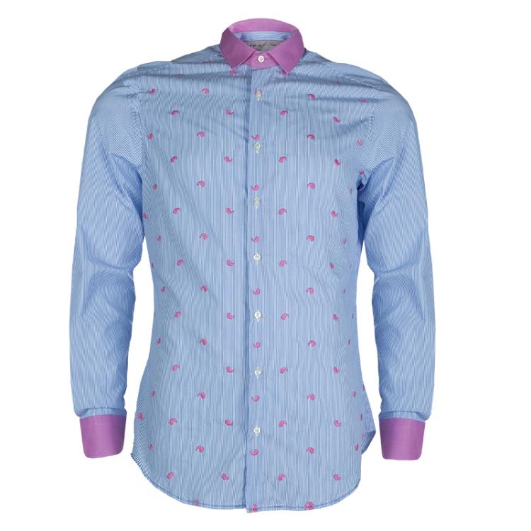 Pre Owned Etro Blue Striped Embroidered Motif Detail Slim Fit Cotton Shirt M