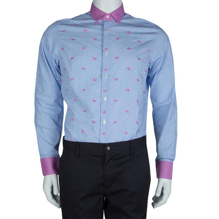 Pre Owned Etro Blue Striped Embroidered Motif Detail Slim Fit Cotton Shirt M