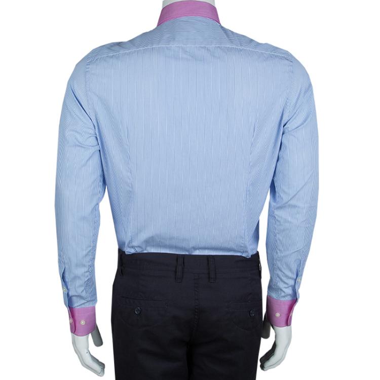 Pre Owned Etro Blue Striped Embroidered Motif Detail Slim Fit Cotton Shirt M