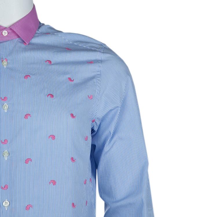 Pre Owned Etro Blue Striped Embroidered Motif Detail Slim Fit Cotton Shirt M