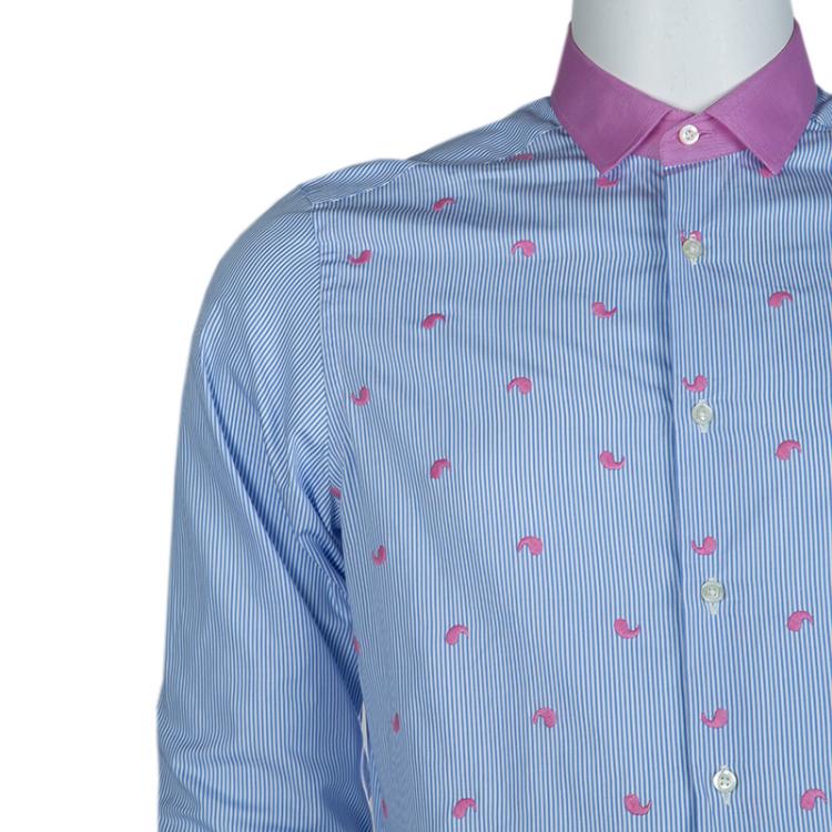 Pre Owned Etro Blue Striped Embroidered Motif Detail Slim Fit Cotton Shirt M