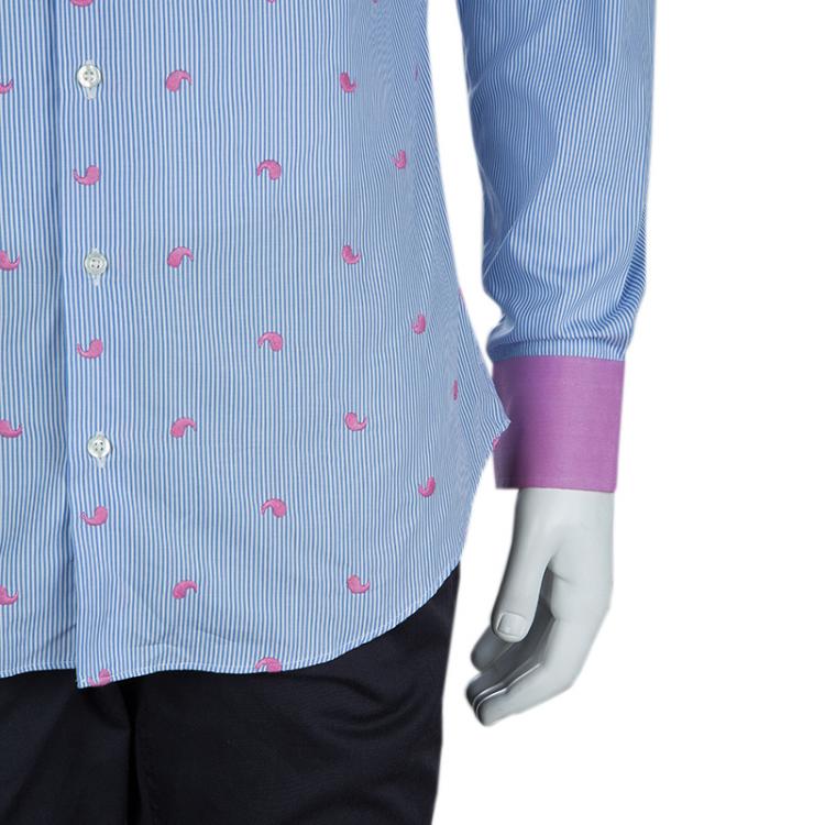 Pre Owned Etro Blue Striped Embroidered Motif Detail Slim Fit Cotton Shirt M