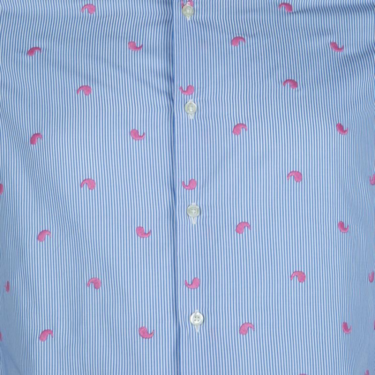 Pre Owned Etro Blue Striped Embroidered Motif Detail Slim Fit Cotton Shirt M