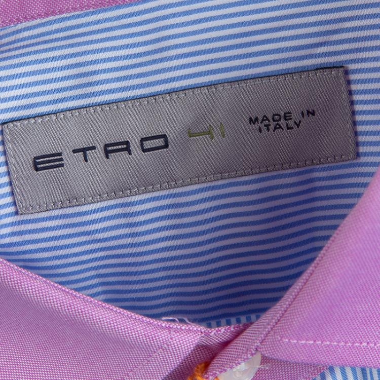 Pre Owned Etro Blue Striped Embroidered Motif Detail Slim Fit Cotton Shirt M