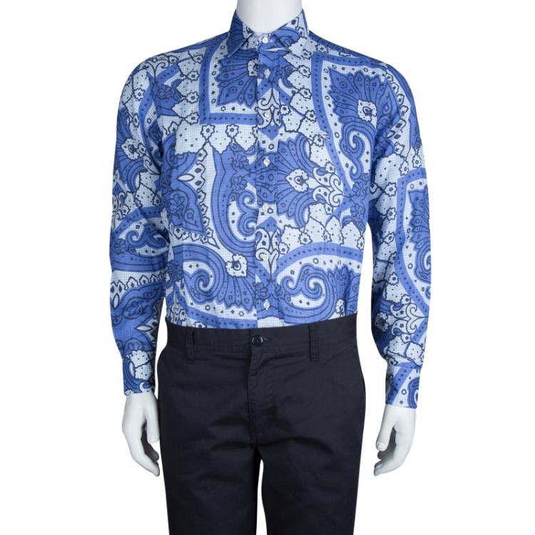 Pre Owned Etro Blue Floral Printed Linen Long Sleeve Button-Down Shirt M