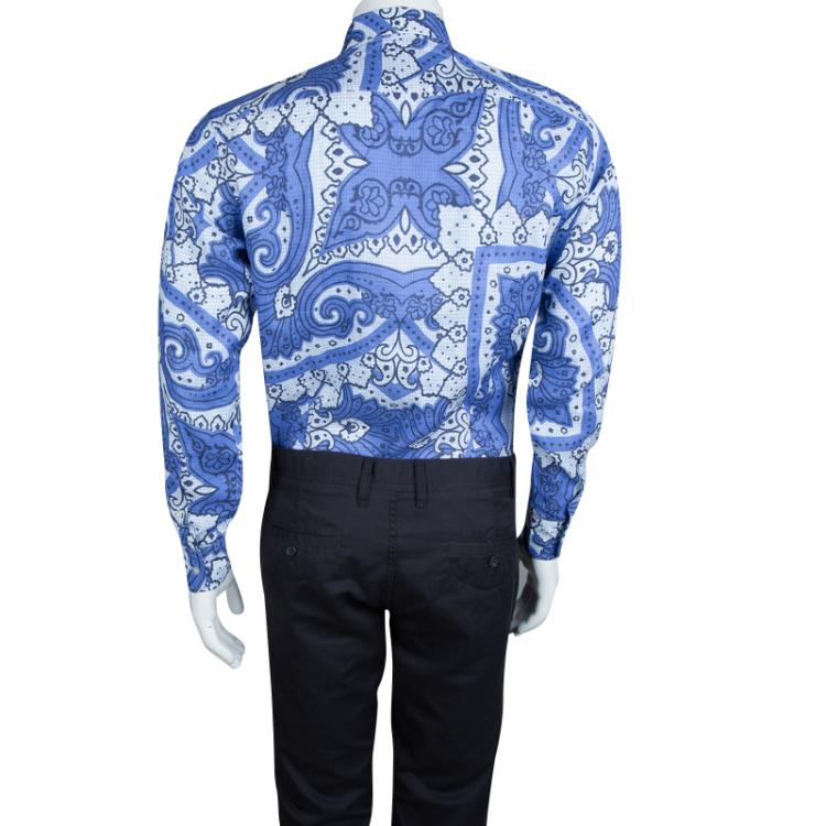 Pre Owned Etro Blue Floral Printed Linen Long Sleeve Button-Down Shirt M