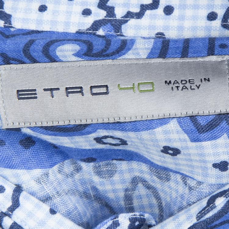 Pre Owned Etro Blue Floral Printed Linen Long Sleeve Button-Down Shirt M