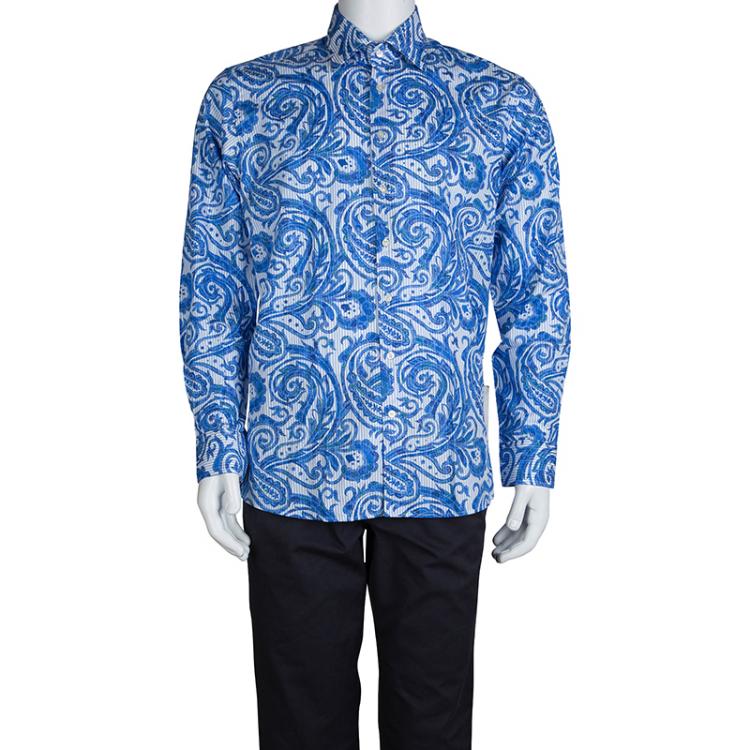 Pre Owned Etro Blue Paisley Printed Cotton Long Sleeve Button Front Shirt L