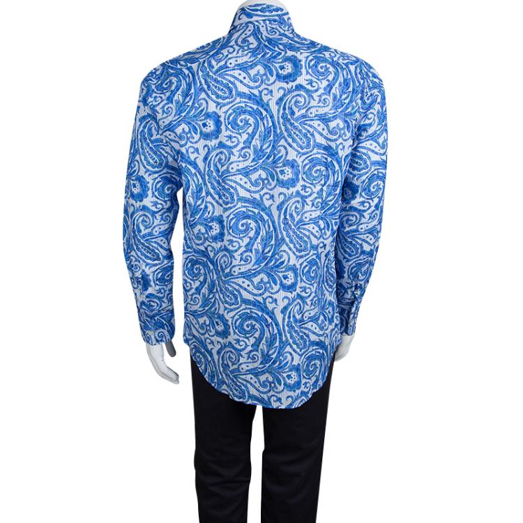Pre Owned Etro Blue Paisley Printed Cotton Long Sleeve Button Front Shirt L