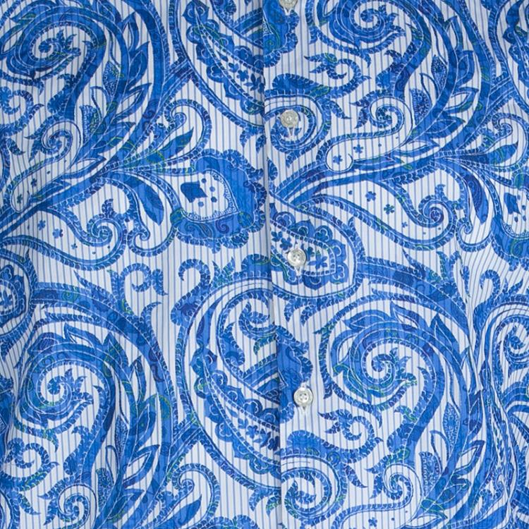 Pre Owned Etro Blue Paisley Printed Cotton Long Sleeve Button Front Shirt L