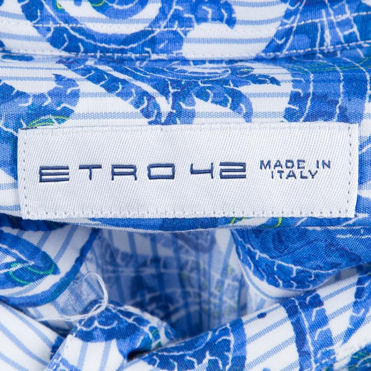 Pre Owned Etro Blue Paisley Printed Cotton Long Sleeve Button Front Shirt L