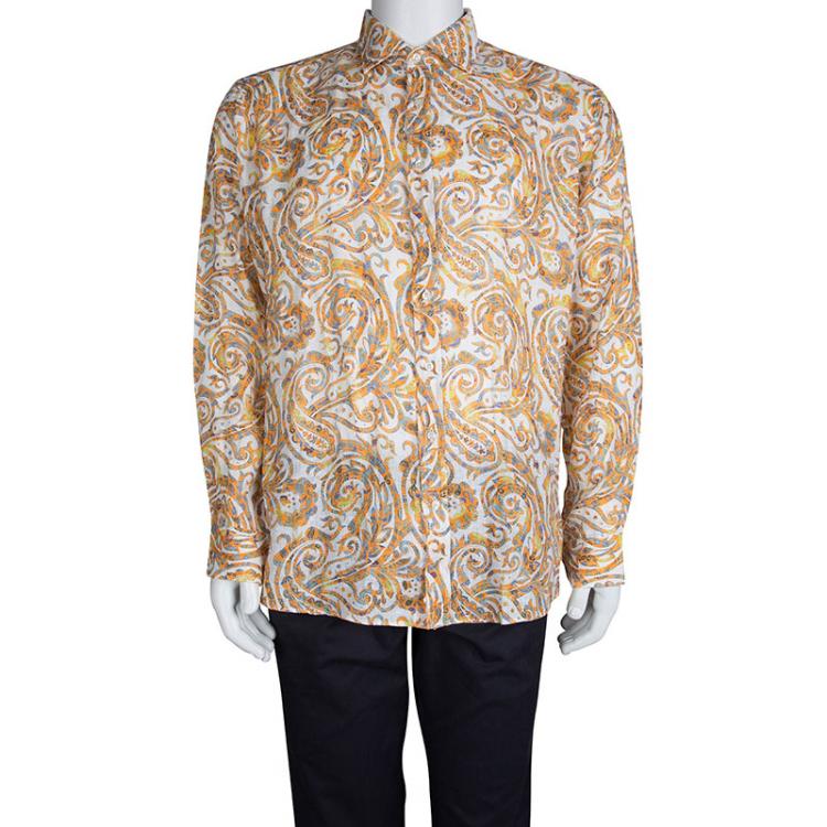 Pre Owned Etro Orange Paisley Printed Linen Long Sleeve Button Front Shirt XL