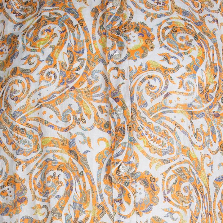 Pre Owned Etro Orange Paisley Printed Linen Long Sleeve Button Front Shirt XL