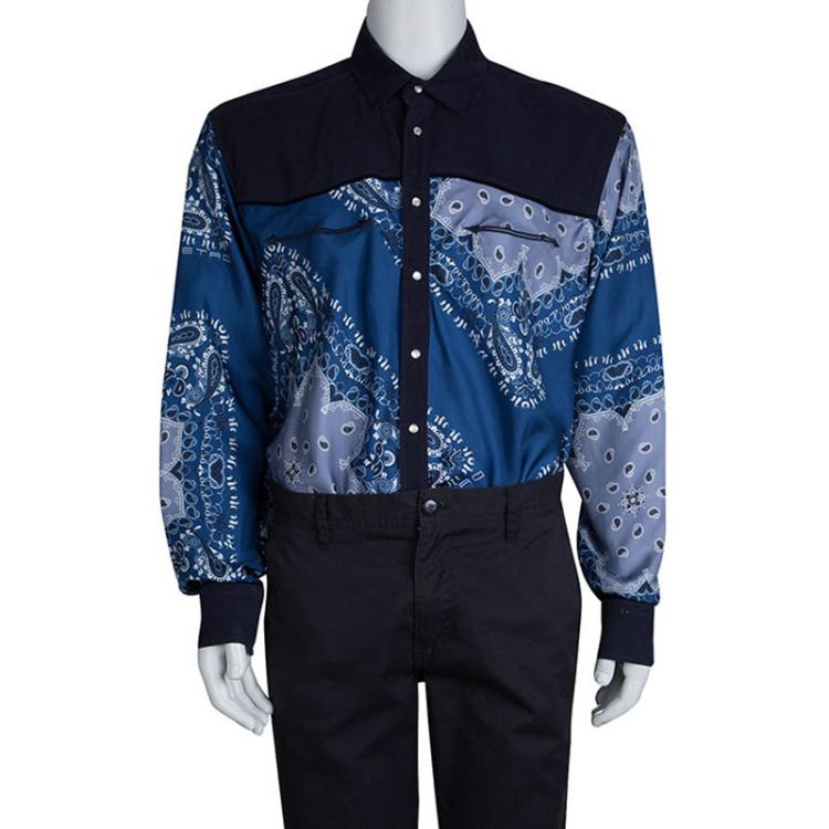 Pre Owned Etro Blue Paisley Printed Silk And Corduroy Panel Button Front Shirt 2XL