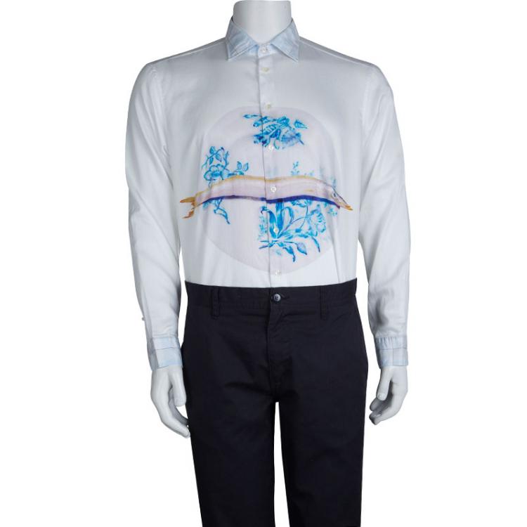 Pre Owned Etro White Fish Print Embriodered Long Sleeve Button Front Cotton Shirt L