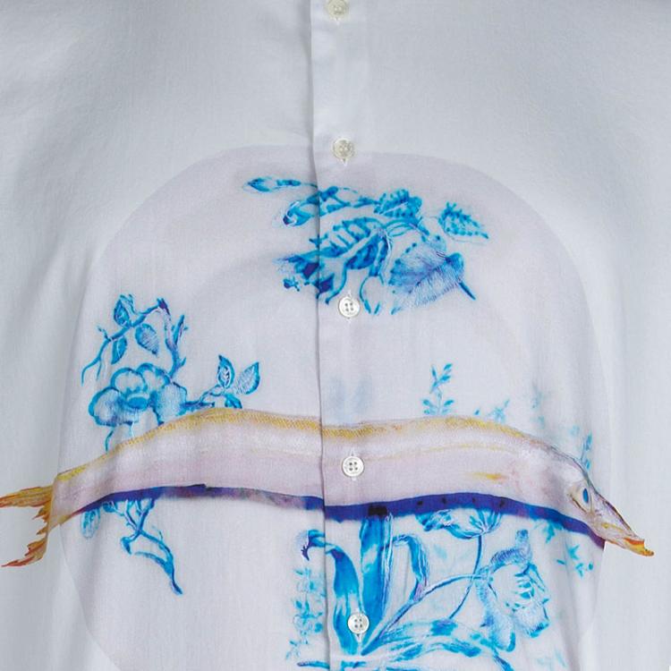 Pre Owned Etro White Fish Print Embriodered Long Sleeve Button Front Cotton Shirt L
