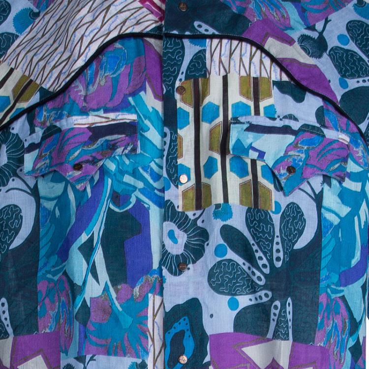 Pre Owned Etro Multicolor Printed Long Sleeve Button Front Linen Shirt XL