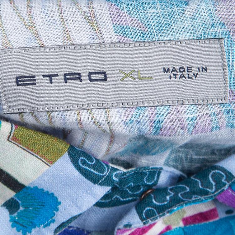 Pre Owned Etro Multicolor Printed Long Sleeve Button Front Linen Shirt XL