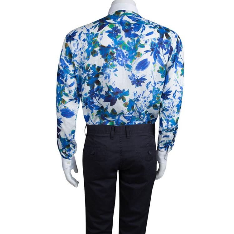 Pre Owned Etro Blue Floral Printed Long Sleeve Button Front Linen Shirt L
