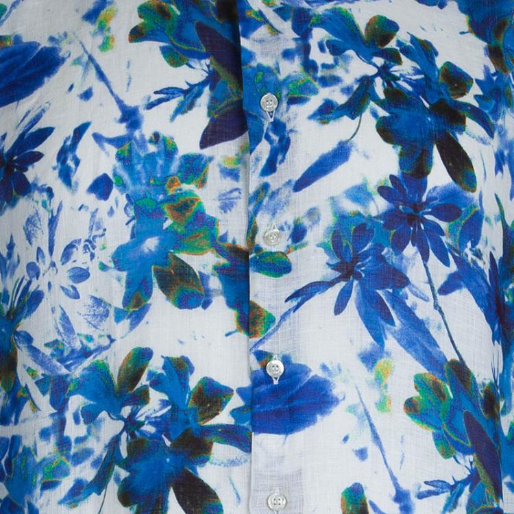Pre Owned Etro Blue Floral Printed Long Sleeve Button Front Linen Shirt L