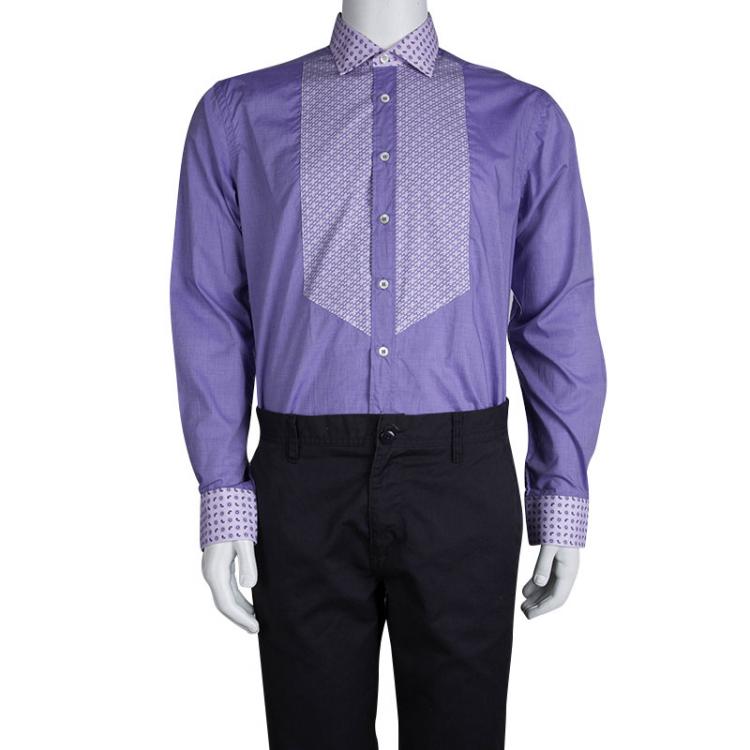 Pre Owned Etro Purple Contrast Printed Panel Long Sleeve Button Front Shirt L