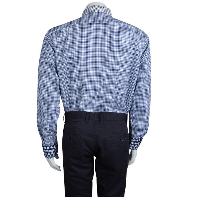 Pre Owned Etro Blue Checked Contrast Collar and Cuff Detail Cotton Shirt L