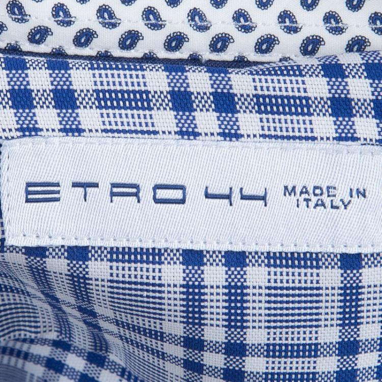 Pre Owned Etro Blue Checked Contrast Collar and Cuff Detail Cotton Shirt L