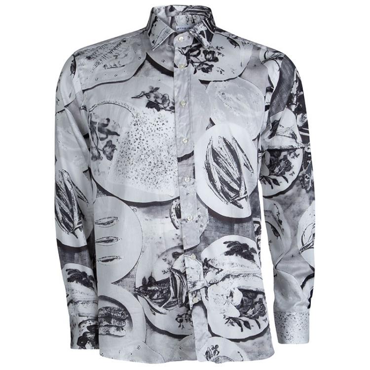 Pre Owned Etro Monochrome Fish Plate Print  Long Sleeve Button Front Cotton Shirt L