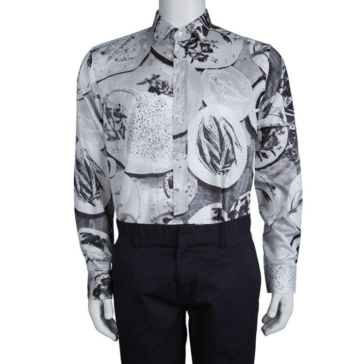 Pre Owned Etro Monochrome Fish Plate Print  Long Sleeve Button Front Cotton Shirt L