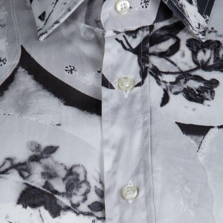 Pre Owned Etro Monochrome Fish Plate Print  Long Sleeve Button Front Cotton Shirt L