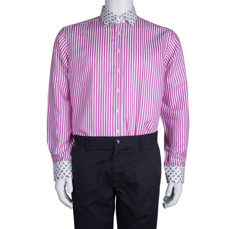 Pre Owned Etro Pink Striped Contrast Collar Detail Long Sleeve Button Down Shirt L 