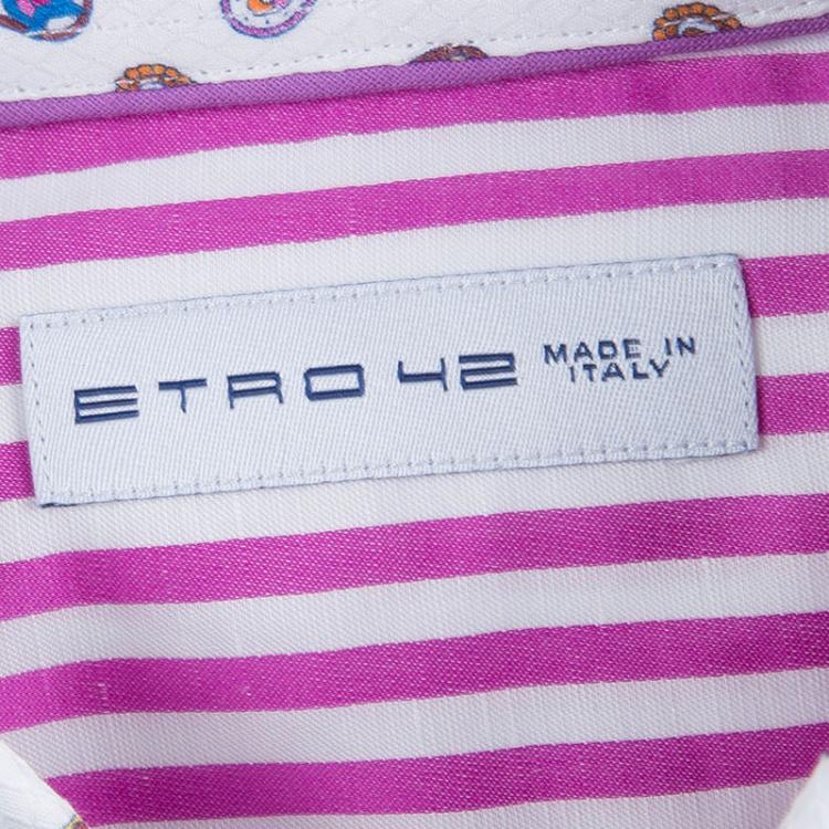 Pre Owned Etro Pink Striped Contrast Collar Detail Long Sleeve Button Down Shirt L 