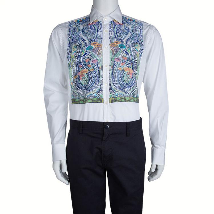 Pre Owned Etro White Embroidered Panel Long Sleeve Button Down Cotton Shirt L