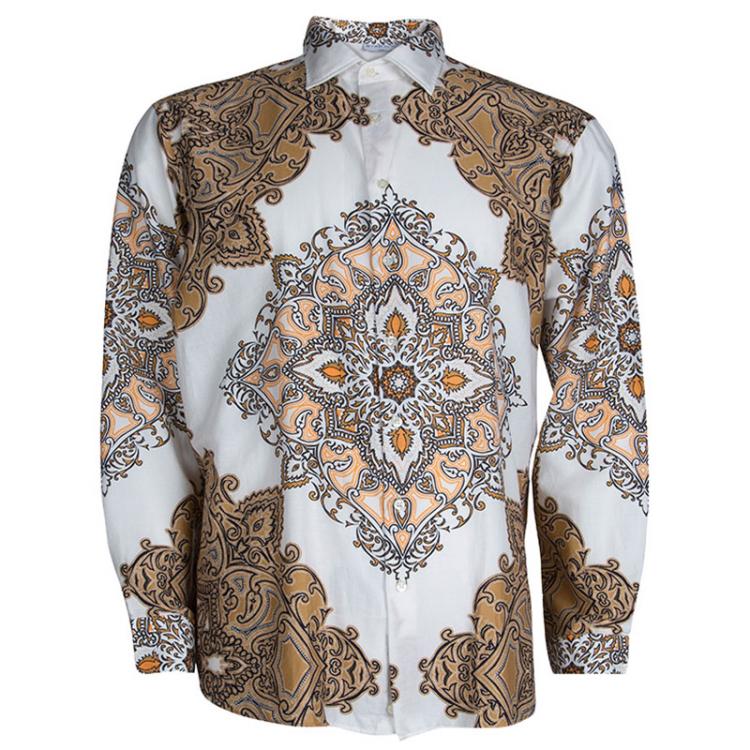 Pre Owned Etro Brown and White Printed Long Sleeve Buttondown Cotton Shirt XL