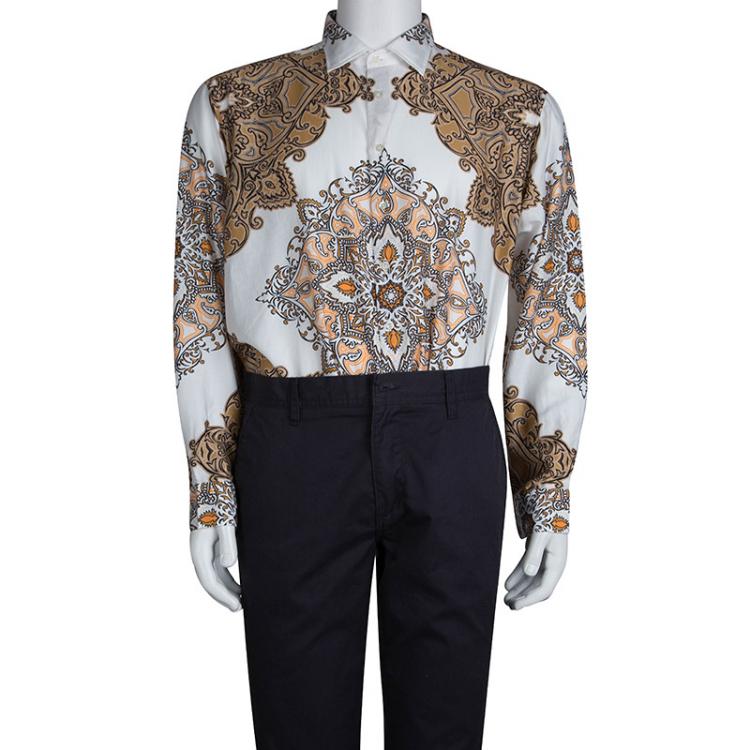 Pre Owned Etro Brown and White Printed Long Sleeve Buttondown Cotton Shirt XL