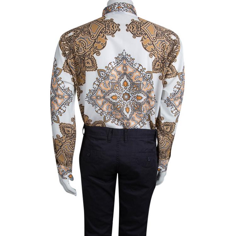 Pre Owned Etro Brown and White Printed Long Sleeve Buttondown Cotton Shirt XL