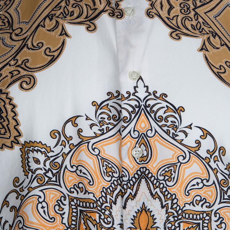 Pre Owned Etro Brown and White Printed Long Sleeve Buttondown Cotton Shirt XL