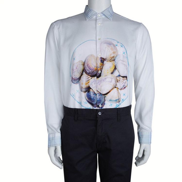 Pre Owned Etro White Shell Print Embroidered Contrast Collar Buttondown Cotton Shirt L