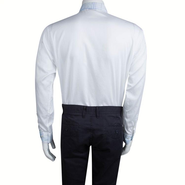 Pre Owned Etro White Shell Print Embroidered Contrast Collar Buttondown Cotton Shirt L