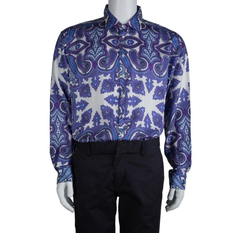 Pre Owned Etro Purple Paisley Printed Cotton Long Sleeve Button Front Shirt 2XL