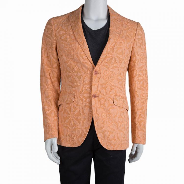 Pre Owned Etro Orange Floral Applique Detail Cotton Blazer M