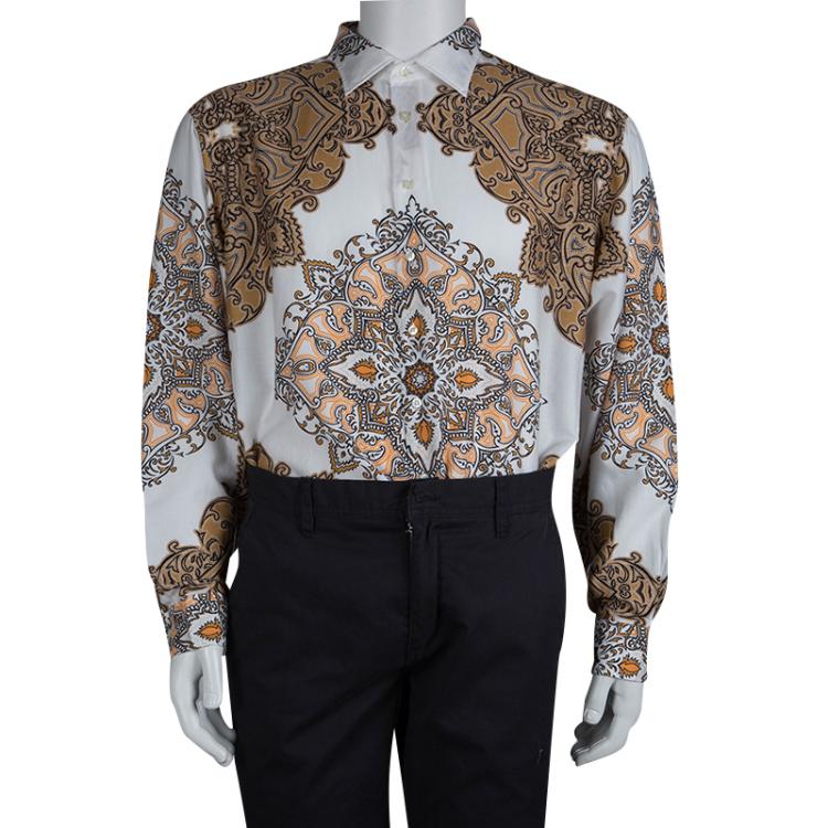 Pre Owned Etro Brown and White Printed Long Sleeve Buttondown Cotton Shirt 2XL