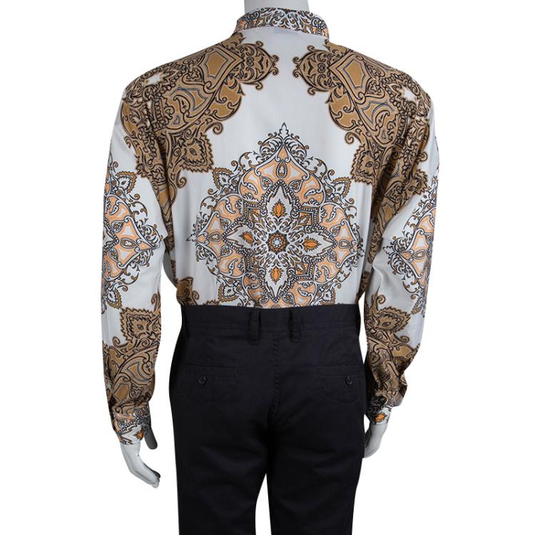 Pre Owned Etro Brown and White Printed Long Sleeve Buttondown Cotton Shirt 2XL