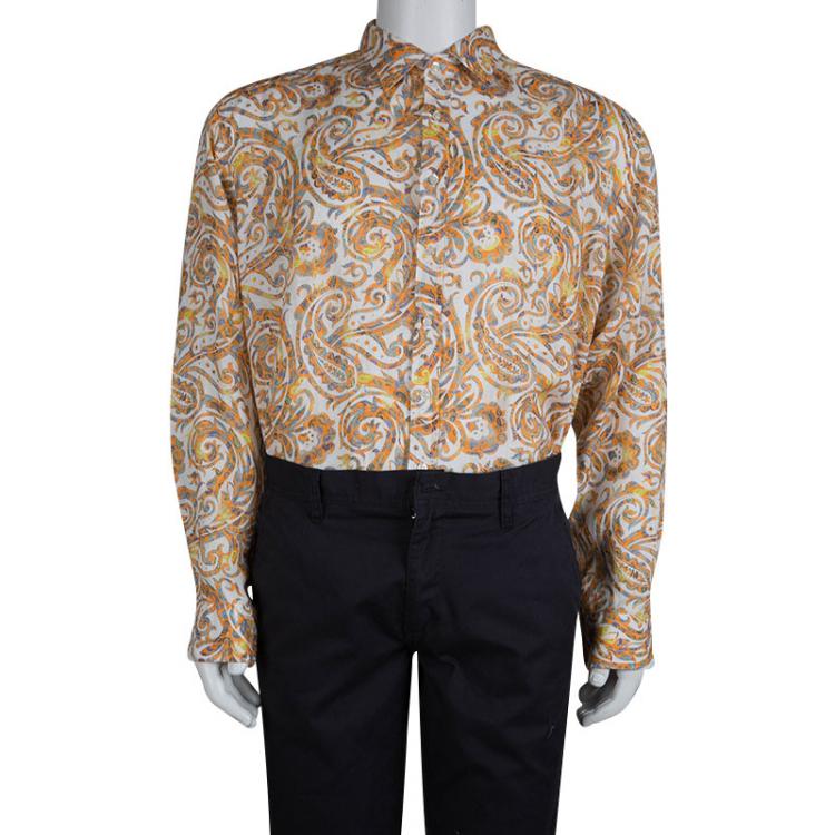 Pre Owned Etro Orange Paisley Printed Linen Long Sleeve Button Front Shirt 2XL