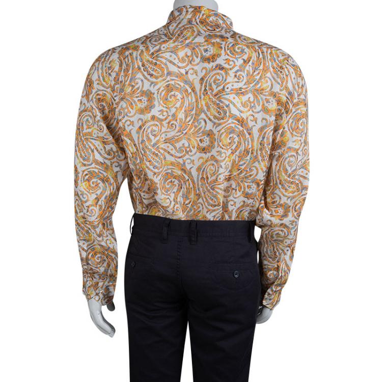 Pre Owned Etro Orange Paisley Printed Linen Long Sleeve Button Front Shirt 2XL